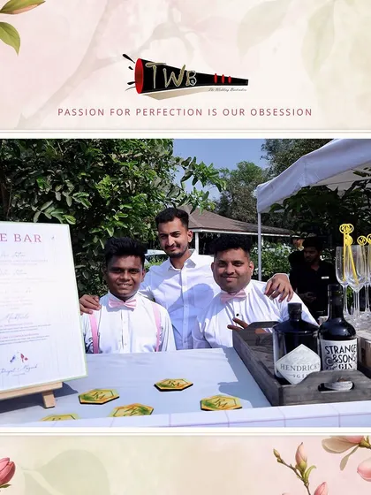 Three of our professional bartenders in matching uniforms, ready to serve at a vibrant Haldi celebration at Saltt, Karjat.