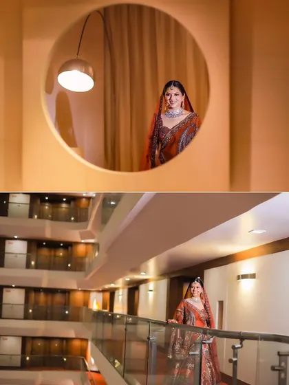 A collage of the bride in her unique, rust-colored lehenga. The architectural elements of the hotel provide a modern and interesting backdrop for her portraits.