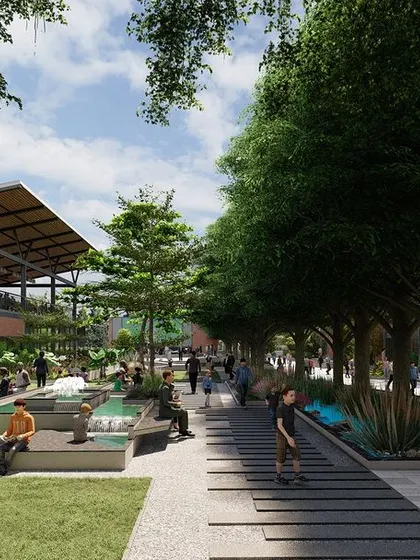 This is a 3D concept for a bustling shopping complex landscape. The design features ample public seating, water features, and tree-lined walkways to create a pleasant and relaxing environment for shoppers.