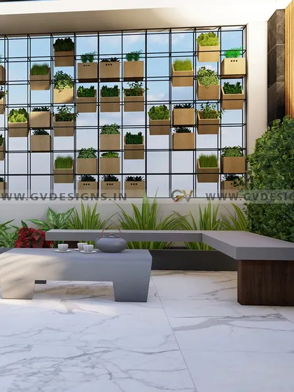 A closer view of the vertical garden installation on this rooftop. We use a grid-based system with individual planters to create a stunning green wall that is both beautiful and easy to maintain, serving as the focal point for the modern outdoor seating area.