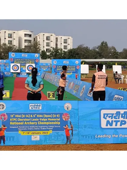 The impressive setup at the 13th Mini Sub Junior National Archery Championship, sponsored by NTPC. National events have a professional and exciting atmosphere.