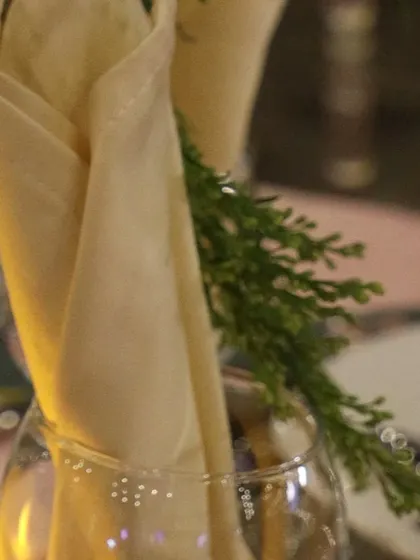 Even a simple napkin fold can add a touch of elegance. Here, a crisp beige napkin is neatly tucked into a wine glass, ready for the guest.