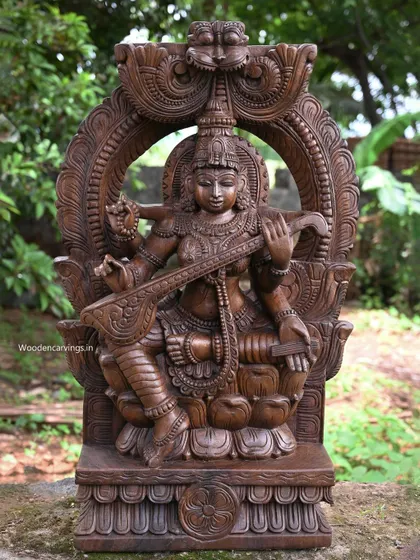 A full view of the 35.5-inch Saraswathi with Prabhavali (arch), showcasing the complete, ornate composition.