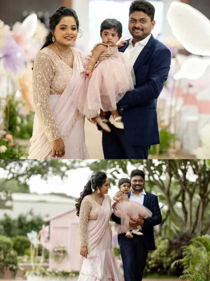 A collage of the family enjoying a walk through the beautifully decorated venue for their daughter's first birthday.
