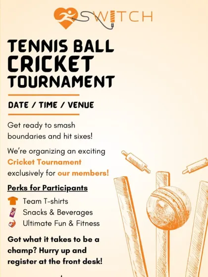Get ready to smash boundaries. Another poster for our exciting cricket tournament, an event that brings our fitness family together.