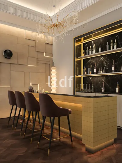 This bar area is designed to elevate the experience of entertaining at home. We curated a composition of rich textures, moody lighting, and a touch of golden glamour to create a setting that invites conversation, comfort, and sophisticated indulgence.