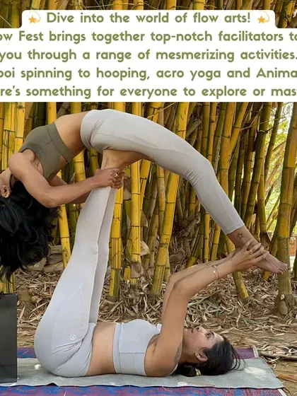 Dive into the world of flow arts. This graphic invites participants to explore everything from poi spinning and hooping to the acro yoga and animal flow sessions I contribute to.