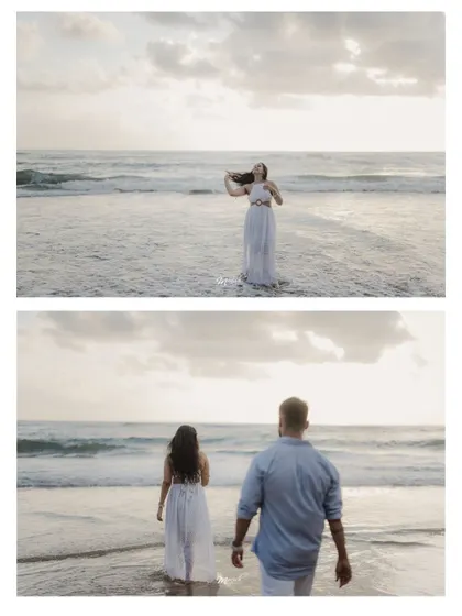 A collage capturing the serene beauty of a walk on the beach, with the waves gently washing over their feet.