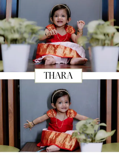 We also love capturing kids in traditional attire. For her first birthday shoot, Thara is dressed in a classic South Indian pattu pavadai, her bright smiles making these portraits extra special.
