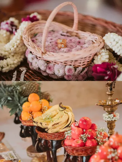 Details from the engagement ceremony, including the ring platter nestled in a basket of flowers and traditional fruit offerings. We believe these small details are essential for an authentic experience.