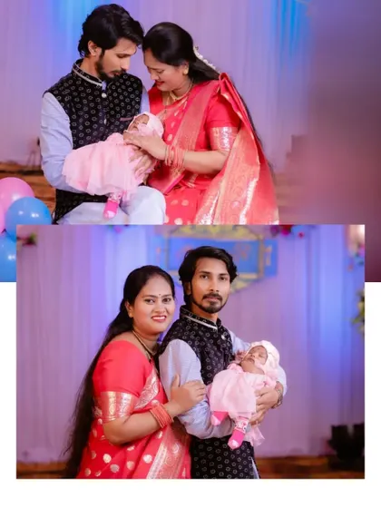 A collage of family portraits from a naming ceremony, showing the new parents and grandmother with the baby.