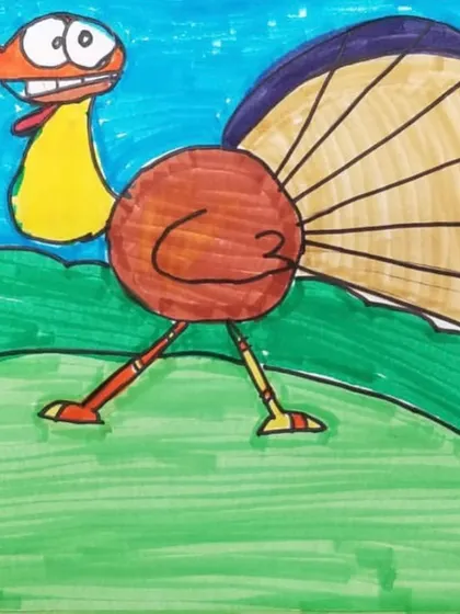 A different angle on our turkey character, this time walking with a cheerful expression. We teach students to draw characters from multiple perspectives.