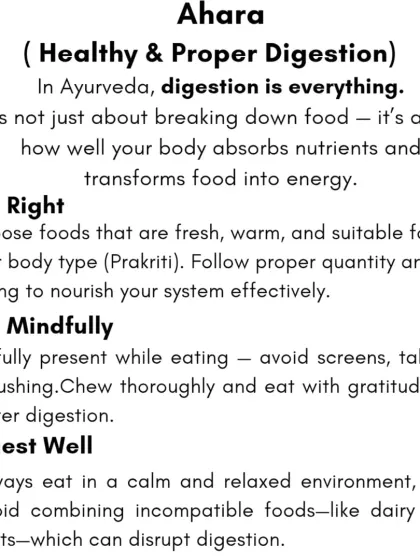 The first pillar is Ahara, or healthy digestion. It is not just what you eat, but how you eat. Mindful eating and choosing fresh, suitable foods are key.