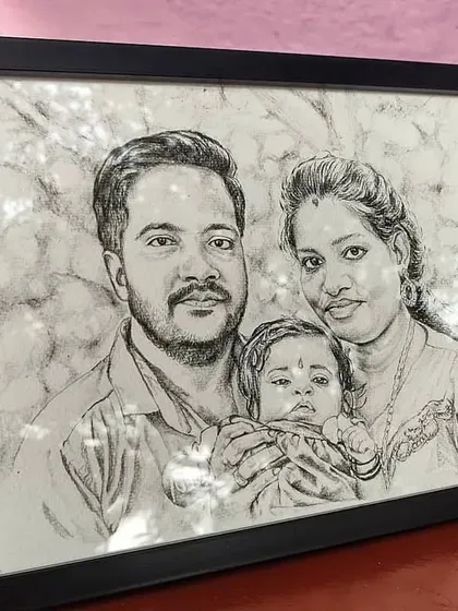 The final framed version of the family pencil portrait. A hand-drawn sketch makes for a deeply personal and artistic gift.