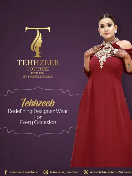 This maroon off-shoulder gown is all about elegance. The highlight is the stunning, heavily embellished neckline that acts as a built-in necklace, perfect for a cocktail party or a formal dinner.