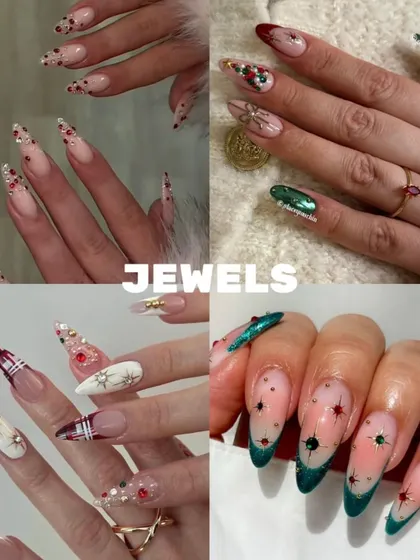 December Nails Inspo, highlighting "Jewels." This graphic showcases how to use rhinestones, crystals, and other gems to add some serious sparkle and glam to your holiday set.