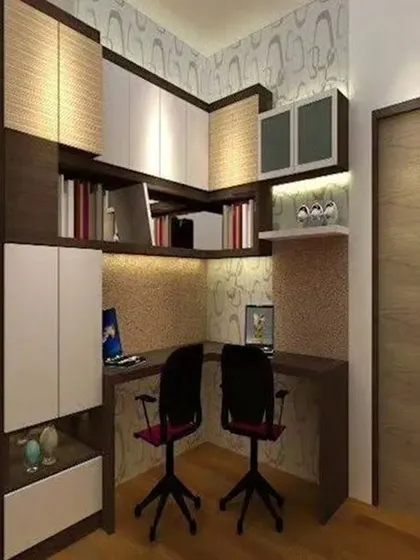 A corner study unit designed for two, with ample overhead and side storage. This L-shaped desk configuration is a great way to maximize a small space.