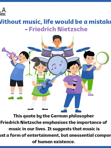 An illustration of a children's band with a trumpet, drums, guitar, and singer. I believe music is an essential component of human existence, not just entertainment.