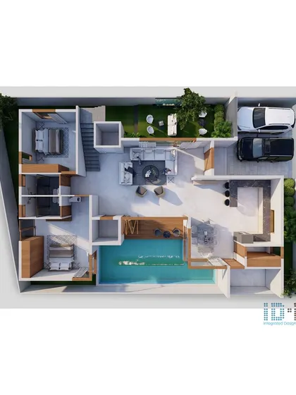 This 3D floor plan for Mr. Vinod's residence shows our open-plan concept. The layout seamlessly integrates an indoor swimming pool, a garden, and living spaces, with private bedrooms oriented towards the back.