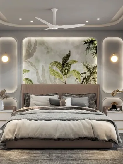 A front-on view of the bed and the botanical mural, showcasing the room's calming and sophisticated atmosphere.