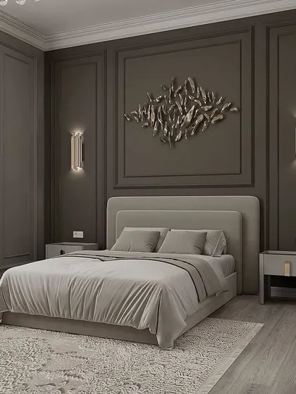 A sophisticated bedroom with dark, moody wall paneling that creates a cozy and intimate feel. The design is accented with a metallic wall sculpture and elegant wall sconces that provide warm, ambient light. Note: Image 10 is a duplicate.
