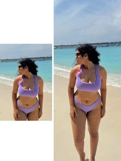 A side-by-side look at the lilac bikini. It’s a great color for Indian skin tones and looks amazing against the blue water.