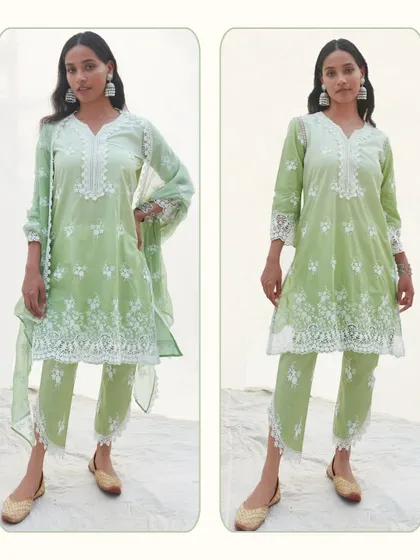 A full view of the Chapoli Green Kurta Set. The soft fabric and delicate white floral embroidery make it a piece that feels calm, confident, and completely at ease.