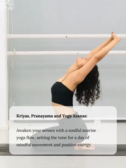 Another page from a retreat brochure, focusing on Kriyas, Pranayama, and Yoga Asanas to awaken the senses with a soulful sunrise flow.