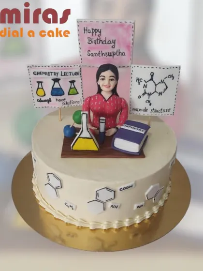 Another fantastic chemistry-themed cake, this one personalized for a teacher. It includes edible chemical structures, beakers, and a figurine, making it a thoughtful gift from students.