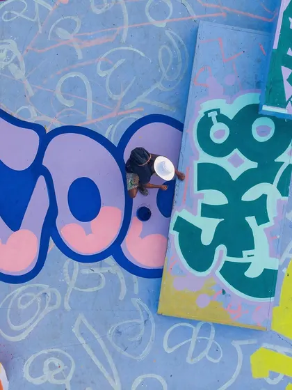 An aerial view of me working on a section of the skatepark, giving a sense of the scale and complexity of the layout.
