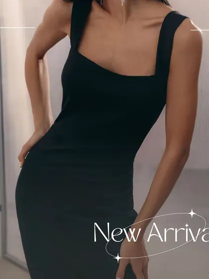 A close-up of the Luca dress, highlighting the sharp square neckline and the smooth texture of the banana crepe fabric.