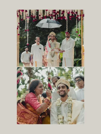 A collage showing the groom's arrival and rituals during the Kashi Yatra ceremony. I focus on capturing the significance and unique traditions of each part of the wedding.