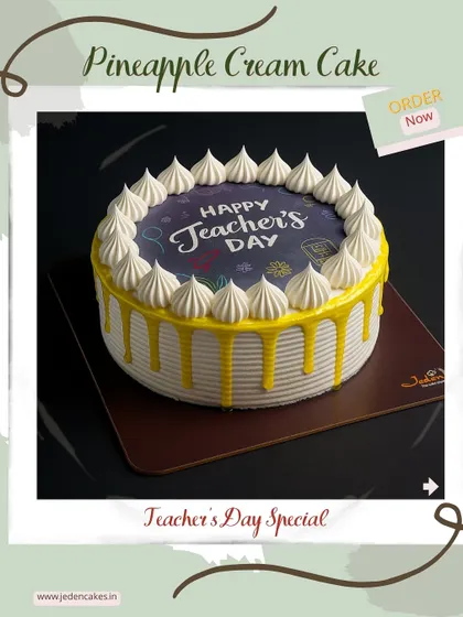 A refreshing Pineapple Cream Cake with a custom Teacher's Day topping. This light and fruity cake is a wonderful way to express your thanks.