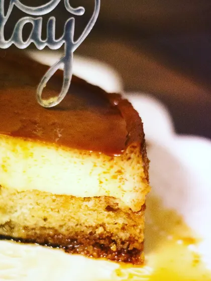 A close-up of my cozy flan cake, or caramel custard cake. It's one of my family's favorites! If you're not a fan of frosted cakes, this pudding-like dessert is the perfect alternative.