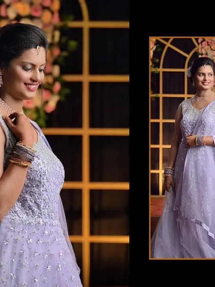 A diptych of a woman in a beautiful lavender gown for her Mehendi or Sangeet night, showcasing her elegant look.