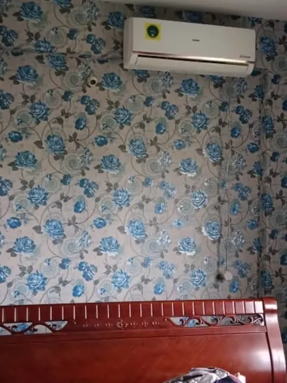 A bedroom accent wall featuring a classic floral wallpaper with blue roses. The traditional design adds a touch of elegance and color to the space.