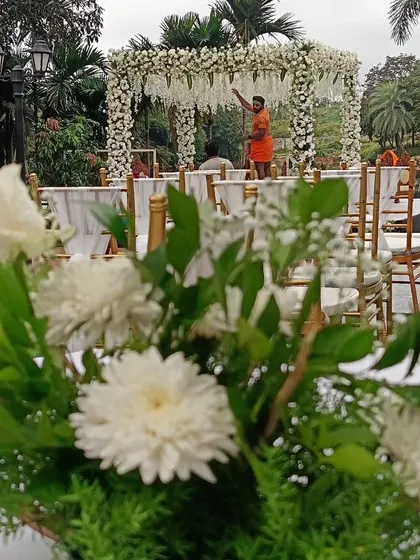 A view of a beautiful white floral mandap from the guest's perspective.