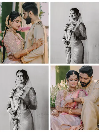 A collage of portraits showcasing the bride and groom in their elegant wedding attire. The mix of color and black and white images adds an artistic touch.