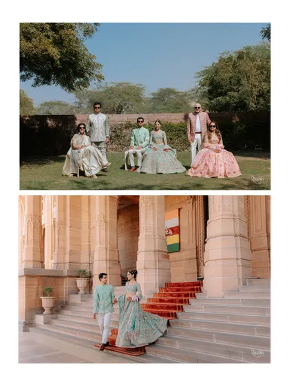 A collage showcasing both a formal family portrait on the palace lawns and a candid moment of the couple on the grand staircase of Umaid Bhawan.