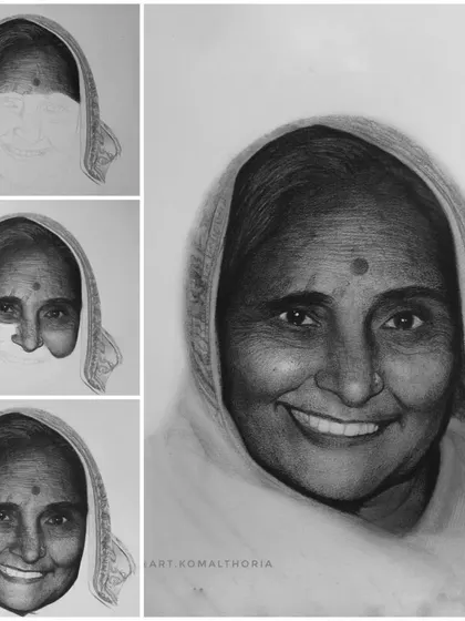 The step-by-step process of drawing my Faiba's portrait, showing how the image is built layer by layer with graphite and charcoal.