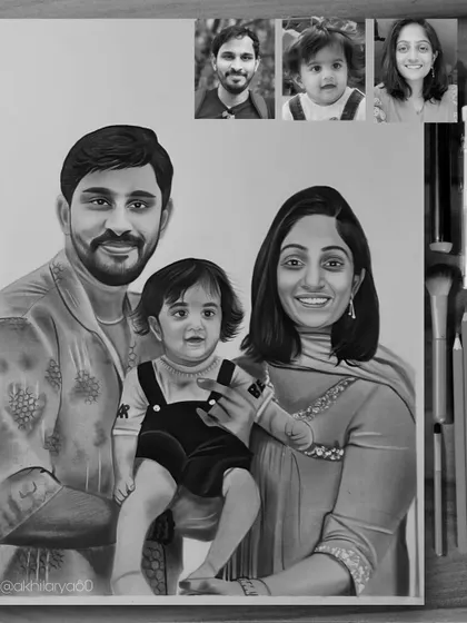Here, I combined three separate photos to create one A3 family portrait in black and white. This is a great way to get a portrait done even if you don't have a group photo.