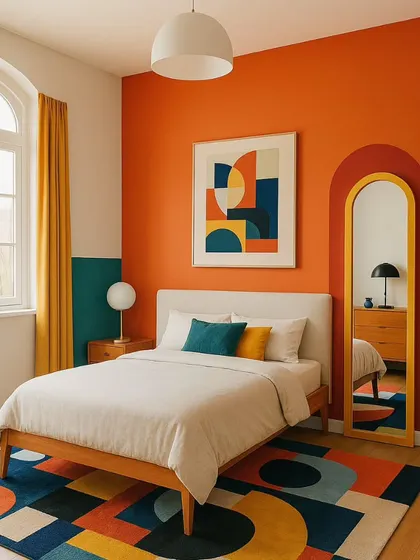 This postmodern bedroom breaks all the rules in the best way. The striking orange accent wall, geometric rug, and arched mirror create a space that redefines comfort through a lens of artistic expression.