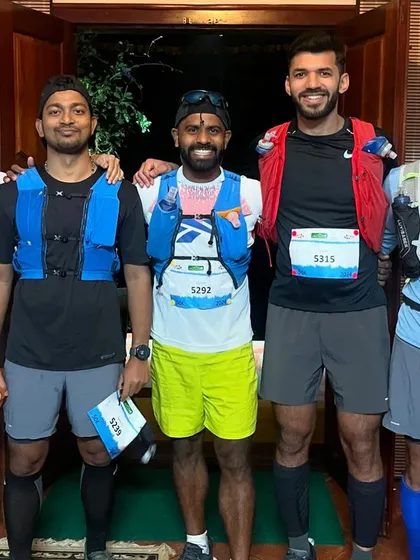 Geared up and ready to go. Our runners equipped with hydration vests and race bibs, showing the serious preparation that goes into an ultra-marathon.