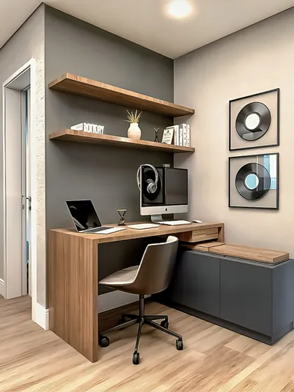 A compact home office nook featuring a custom wooden desk with a slim drawer, floating shelves for books, and an adjoining low cabinet for extra storage.