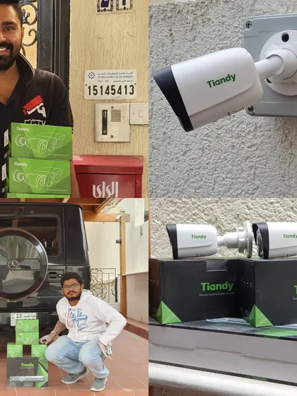 A collage showing happy clients and the high-quality Tiandy cameras I install. I provide complete solutions for home and business security.