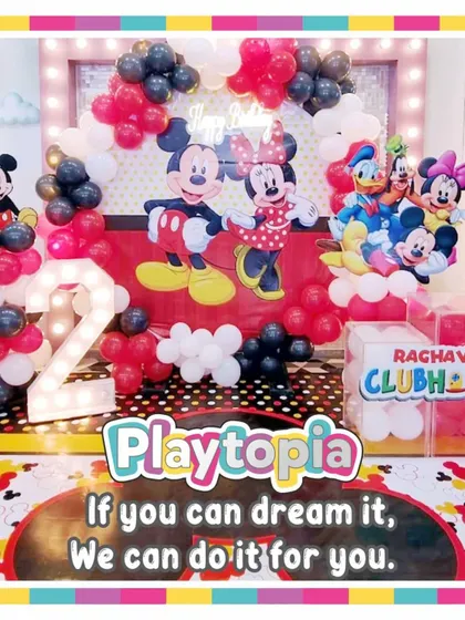 A fun graphic showcasing our Mickey and Minnie Mouse clubhouse theme. We can customize the decor with your child's name and age for that personal touch.