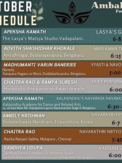 Our October performance schedule, featuring many of my talented students at various Navaratri festivals and events.