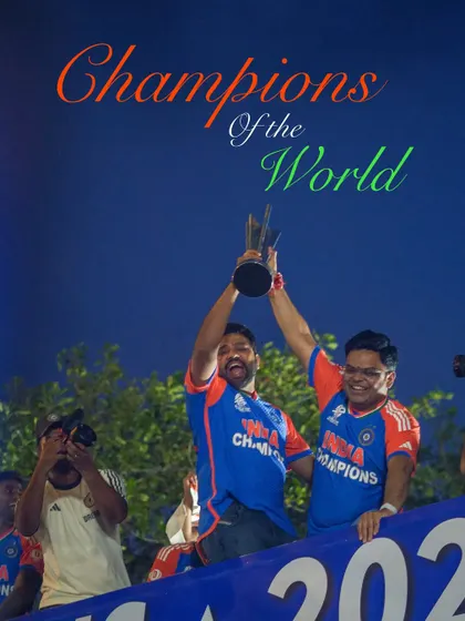 A photo series from the victory parade, capturing the Indian cricket team celebrating with the trophy on an open-top bus at Marine Drive. The images are filled with the joy and pride of the players and fans.