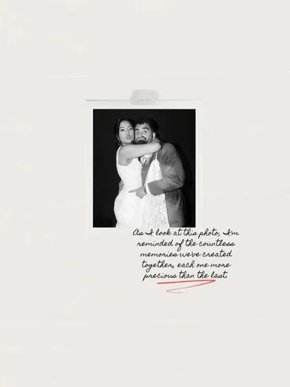 A fun, candid black and white photo with a handwritten note overlay. This adds a personal and scrapbook-like feel to the memory.