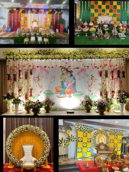 This collage highlights our range of traditional decor services. It includes examples of our floral arrangements, stage designs, and decorated plate displays for various religious and cultural ceremonies.